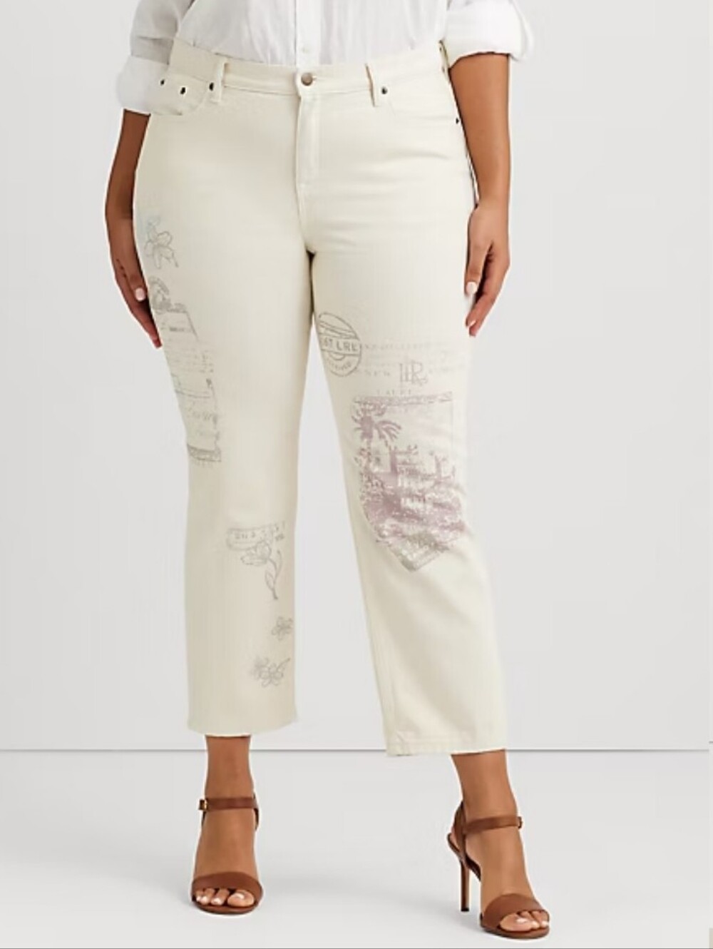 Lauren Ralph Lauren Cream Cropped Embellished Ankle Jeans